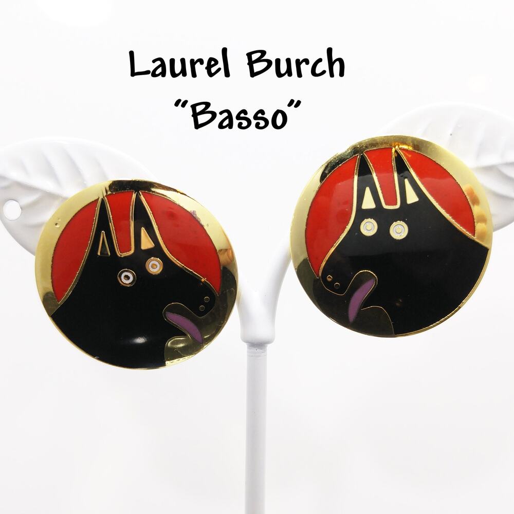 Laurel Burch BASSO Dog Earrings, Gold Plated, 1980s Vintage Jewelry